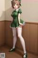 A woman in a green dress and white stockings posing for a picture.